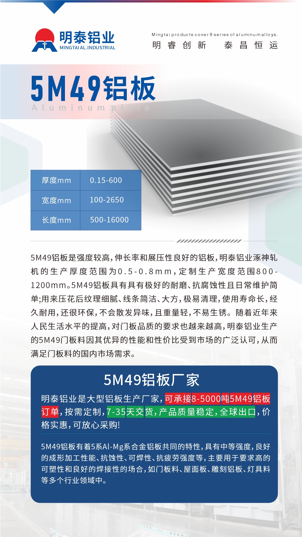 5M49鋁板是強度較高，伸長率和展壓性良好的鋁板，明泰鋁業(yè)涿神軋機的生產(chǎn)厚度范圍為0.5-0.8mm，定制生產(chǎn)寬度范圍800-1200mm。5M49鋁板具有具有極好的耐磨、抗腐蝕性且日常維護簡單;用來壓花后紋理細膩、線條簡潔、大方，極易清理，使用壽命長，經(jīng)久耐用，還很環(huán)保，不會散發(fā)異味，且重量輕，不易生銹。 隨著近年來人民生活水平的提高，對門板品質(zhì)的要求也越來越高，明泰鋁業(yè)生產(chǎn)的5M49門板料因其優(yōu)異的性能和性價比受到市場的廣泛認可，從而滿足門板料的國內(nèi)市場需求。
