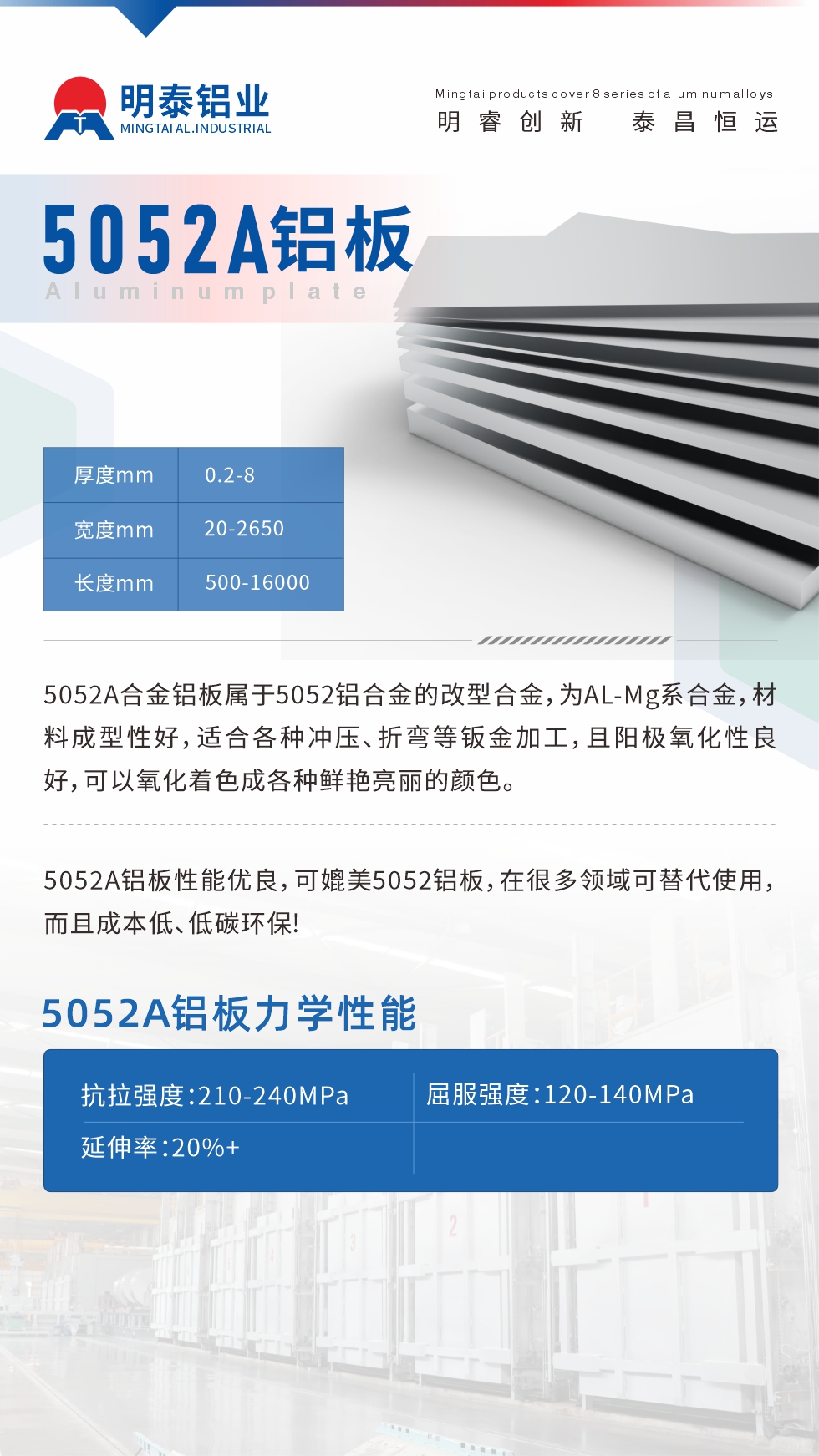 5052A合金鋁板屬于5052鋁合金的改型合金，為AL-Mg系合金，材料成型性好，適合各種沖壓、折彎等鈑金加工，且陽極氧化性良好，可以氧化著色成各種鮮艷亮麗的顏色。5052A鋁板性能優(yōu)良，可媲美5052鋁板，在很多領(lǐng)域可替代使用，而且成本低、低碳環(huán)保!5052A鋁板力學(xué)性能抗拉強度：210-240MPa屈服強度：120-140MPa延伸率：20%+