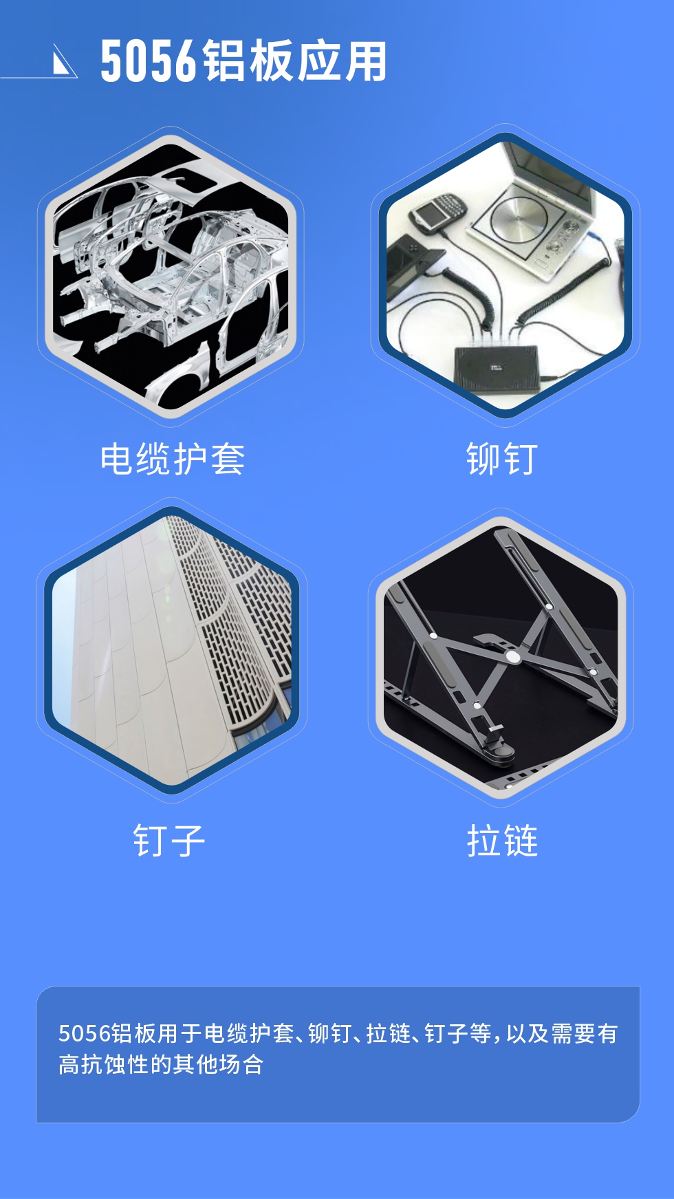 市場(chǎng)應(yīng)用
　　5056鋁板用于電纜護(hù)套、鉚釘、拉鏈、釘子等，以及需要有高抗蝕性的其他場(chǎng)合。
　　5056鋁板生產(chǎn)廠家
　　明泰鋁業(yè)支持定做，為用戶合理推薦更合理產(chǎn)品規(guī)格，并提供優(yōu)惠報(bào)價(jià)，讓您選購(gòu)無憂。
　　明泰鋁業(yè)是一家集科研、加工、制造為一體的大型現(xiàn)代化鋁加工企業(yè)。公司可生產(chǎn)1-8系鋁板帶箔產(chǎn)品，規(guī)格齊全。