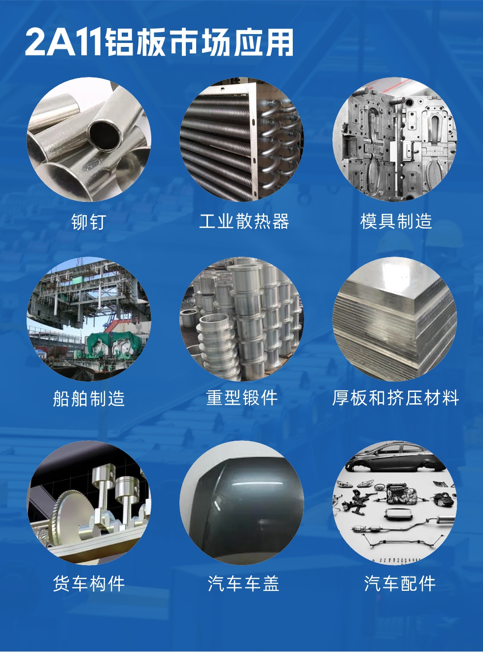 2a11鋁板市場(chǎng)應(yīng)用：

鉚釘、工業(yè)散熱器、模具制造、船舶制造、重型鍛件、厚板和擠壓材料，貨車構(gòu)件、汽車車蓋、汽車配件等領(lǐng)域。