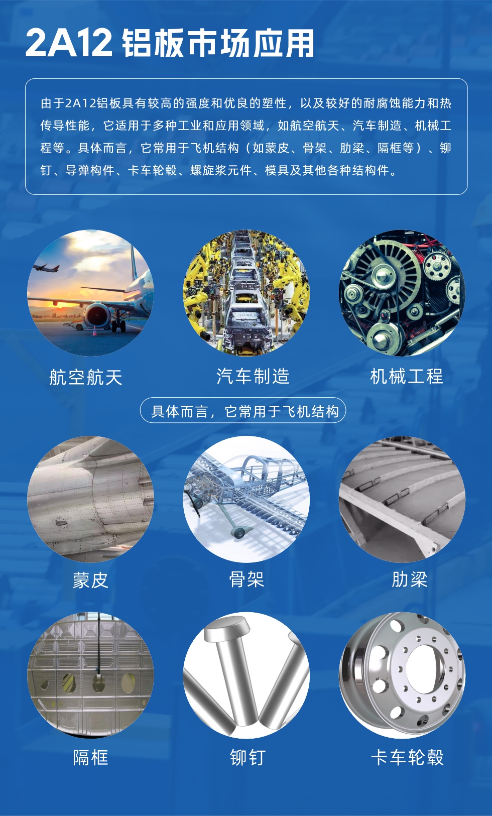 2A12鋁板產(chǎn)品用途

由于2A12鋁板具有較高的強度和優(yōu)良的塑性，以及較好的耐腐蝕能力和熱傳導(dǎo)性能，它適用于多種工業(yè)和應(yīng)用領(lǐng)域，如航空航天、汽車制造、機械工程等。具體而言，它常用于飛機結(jié)構(gòu)（如蒙皮、骨架、肋梁、隔框等）、鉚釘、導(dǎo)彈構(gòu)件、卡車輪轂、螺旋漿元件、模具及其他各種結(jié)構(gòu)件。
